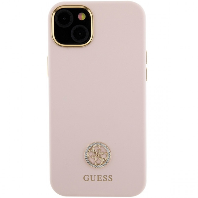 Guess iPhone 15 Silicone Logo Strass 4G Σκληρή Θήκη με Πλαίσιο Σιλικόνης - Pink - GUHCP15SM4DGPP