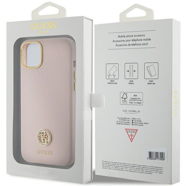 Guess iPhone 15 Silicone Logo Strass 4G Σκληρή Θήκη με Πλαίσιο Σιλικόνης - Pink - GUHCP15SM4DGPP