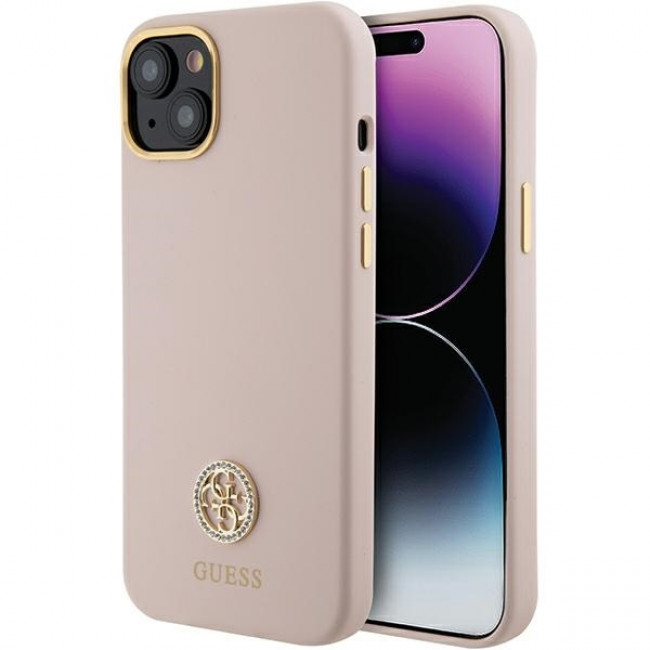 Guess iPhone 15 Silicone Logo Strass 4G Σκληρή Θήκη με Πλαίσιο Σιλικόνης - Pink - GUHCP15SM4DGPP