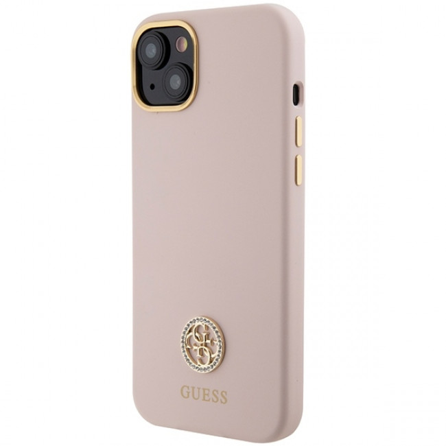 Guess iPhone 15 Silicone Logo Strass 4G Σκληρή Θήκη με Πλαίσιο Σιλικόνης - Pink - GUHCP15SM4DGPP