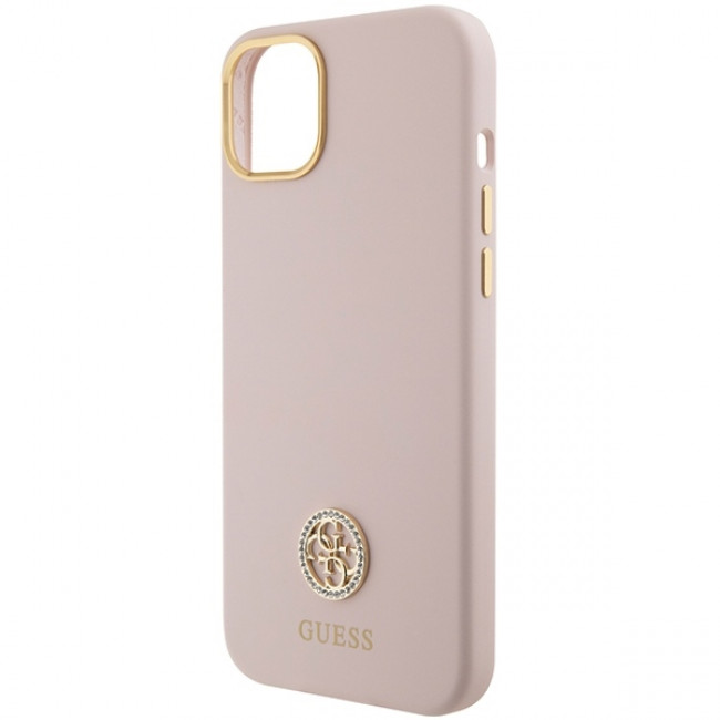 Guess iPhone 15 Silicone Logo Strass 4G Σκληρή Θήκη με Πλαίσιο Σιλικόνης - Pink - GUHCP15SM4DGPP