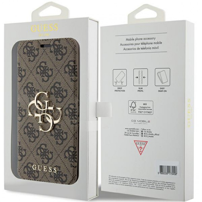 Guess iPhone 15 Pro 4G Big Metal Logo Θήκη Πορτοφόλι με Επένδυση Συνθετικού Δέρματος - Brown - GUBKP15L4GMGBR