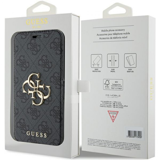 Guess iPhone 15 Pro 4G Big Metal Logo Θήκη Πορτοφόλι με Επένδυση Συνθετικού Δέρματος - Grey - GUBKP15L4GMGGR