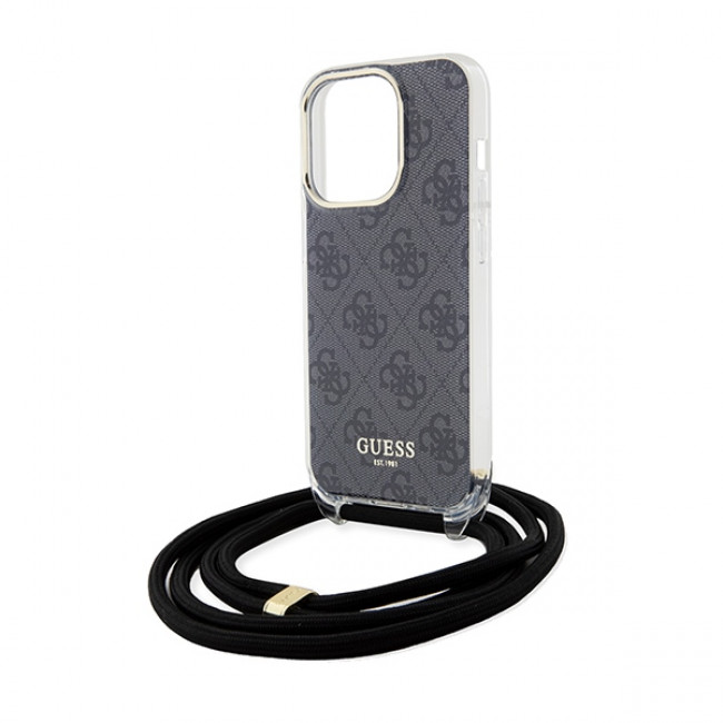 Guess iPhone 15 Pro Crossbody Cord 4G Print Σκληρή Θήκη με Πλαίσιο Σιλικόνης και Λουράκι - Black - GUHCP15LHC4SEK