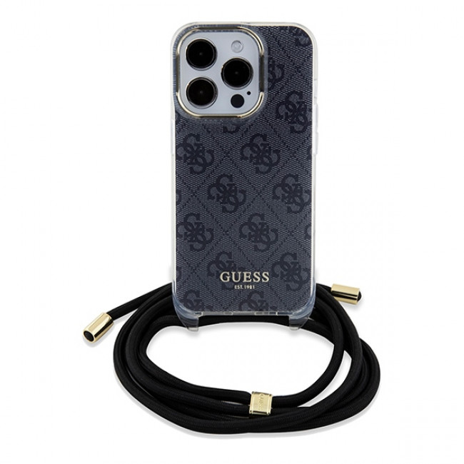 Guess iPhone 15 Pro Crossbody Cord 4G Print Σκληρή Θήκη με Πλαίσιο Σιλικόνης και Λουράκι - Black - GUHCP15LHC4SEK