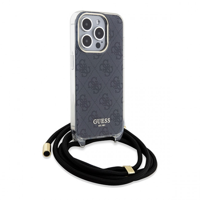 Guess iPhone 15 Pro Crossbody Cord 4G Print Σκληρή Θήκη με Πλαίσιο Σιλικόνης και Λουράκι - Black - GUHCP15LHC4SEK