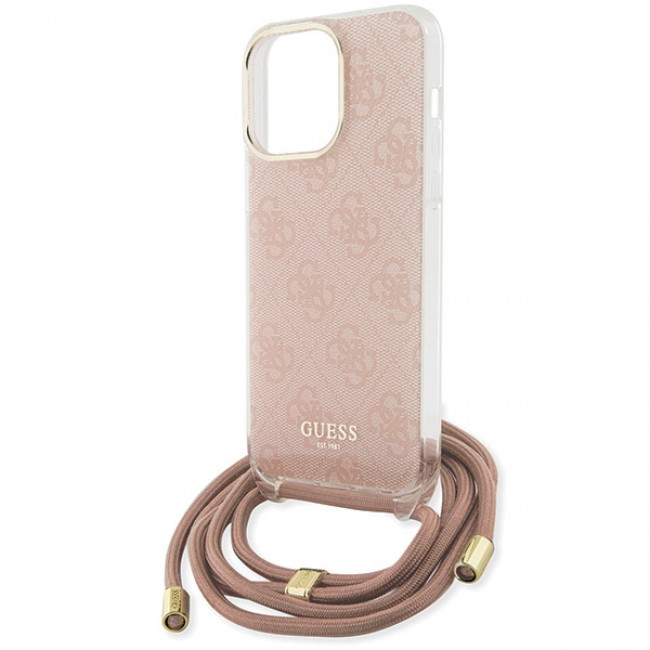 Guess iPhone 15 Pro Crossbody Cord 4G Print Σκληρή Θήκη με Πλαίσιο Σιλικόνης και Λουράκι - Pink - GUHCP15LHC4SEP