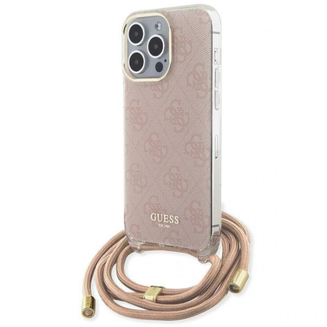 Guess iPhone 15 Pro Crossbody Cord 4G Print Σκληρή Θήκη με Πλαίσιο Σιλικόνης και Λουράκι - Pink - GUHCP15LHC4SEP