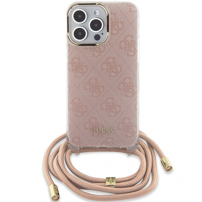 Guess iPhone 15 Pro Crossbody Cord 4G Print Σκληρή Θήκη με Πλαίσιο Σιλικόνης και Λουράκι - Pink - GUHCP15LHC4SEP