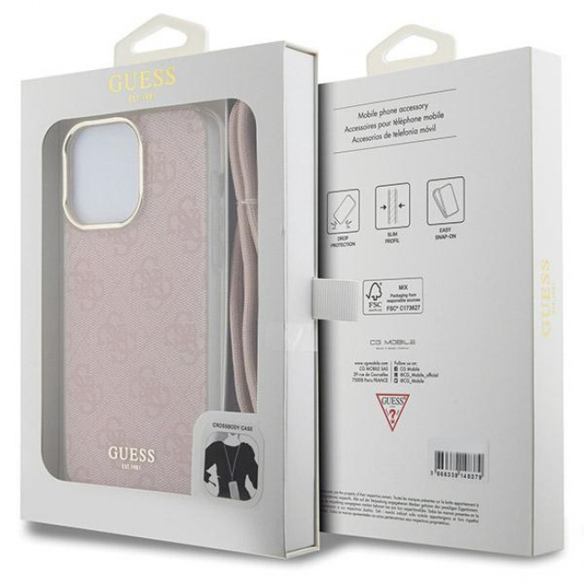 Guess iPhone 15 Pro Crossbody Cord 4G Print Σκληρή Θήκη με Πλαίσιο Σιλικόνης και Λουράκι - Pink - GUHCP15LHC4SEP