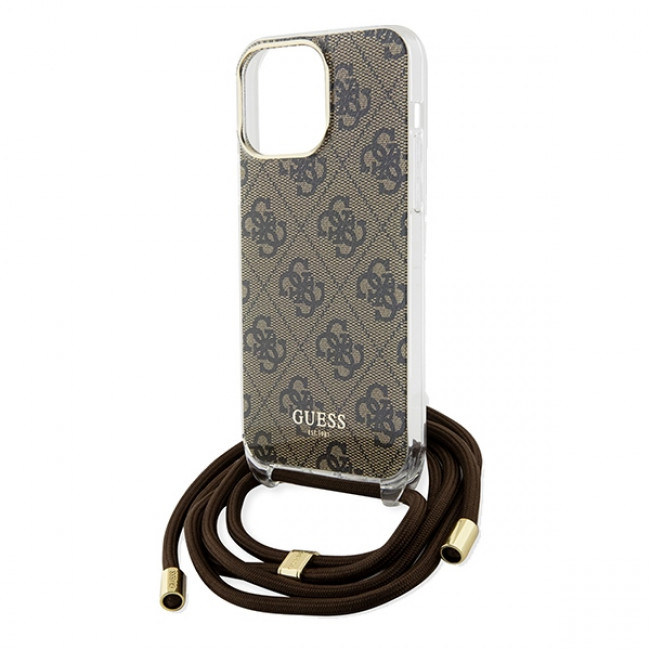 Guess iPhone 15 Pro Crossbody Cord 4G Print Σκληρή Θήκη με Πλαίσιο Σιλικόνης και Λουράκι - Brown - GUHCP15LHC4SEW