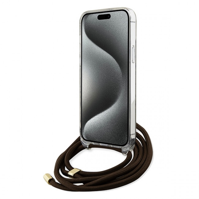 Guess iPhone 15 Pro Crossbody Cord 4G Print Σκληρή Θήκη με Πλαίσιο Σιλικόνης και Λουράκι - Brown - GUHCP15LHC4SEW