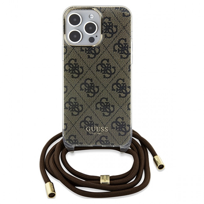 Guess iPhone 15 Pro Crossbody Cord 4G Print Σκληρή Θήκη με Πλαίσιο Σιλικόνης και Λουράκι - Brown - GUHCP15LHC4SEW