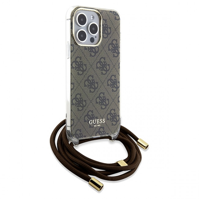 Guess iPhone 15 Pro Crossbody Cord 4G Print Σκληρή Θήκη με Πλαίσιο Σιλικόνης και Λουράκι - Brown - GUHCP15LHC4SEW