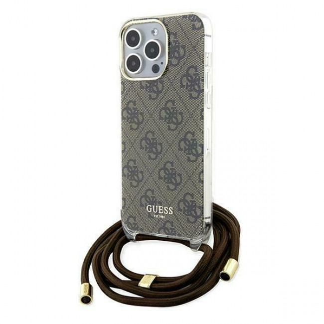 Guess iPhone 15 Pro Crossbody Cord 4G Print Σκληρή Θήκη με Πλαίσιο Σιλικόνης και Λουράκι - Brown - GUHCP15LHC4SEW