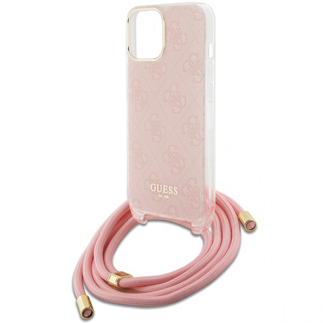 Guess iPhone 15 Crossbody Cord 4G Print Σκληρή Θήκη με Πλαίσιο Σιλικόνης και Λουράκι - Pink - GUHCP15SHC4SEP