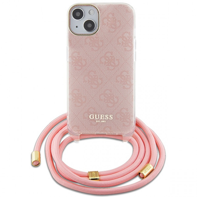 Guess iPhone 15 Crossbody Cord 4G Print Σκληρή Θήκη με Πλαίσιο Σιλικόνης και Λουράκι - Pink - GUHCP15SHC4SEP