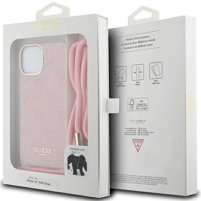 Guess iPhone 15 Crossbody Cord 4G Print Σκληρή Θήκη με Πλαίσιο Σιλικόνης και Λουράκι - Pink - GUHCP15SHC4SEP