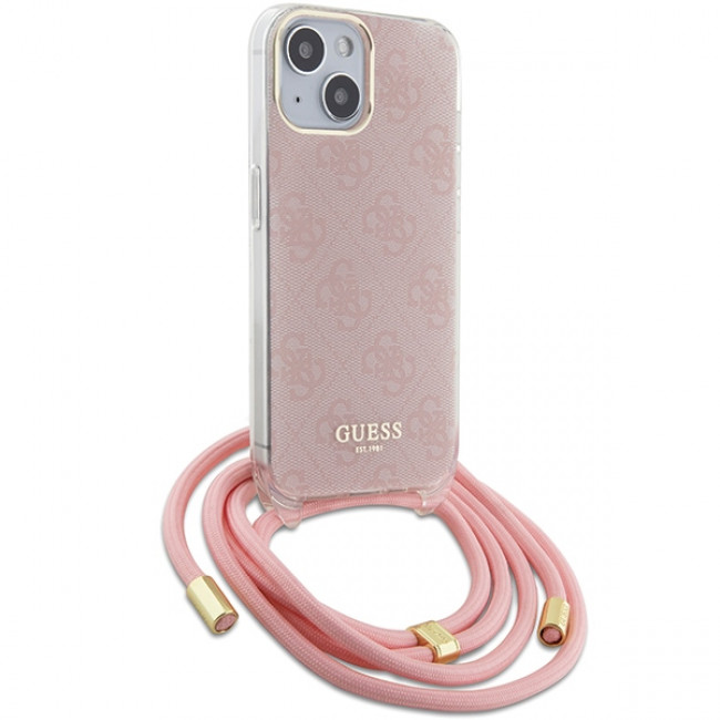 Guess iPhone 15 Crossbody Cord 4G Print Σκληρή Θήκη με Πλαίσιο Σιλικόνης και Λουράκι - Pink - GUHCP15SHC4SEP