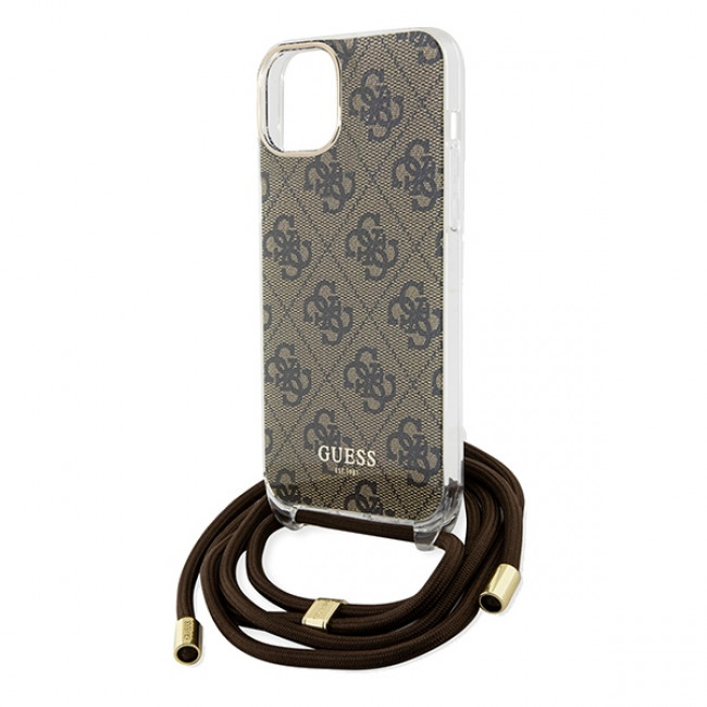 Guess iPhone 15 Crossbody Cord 4G Print Σκληρή Θήκη με Πλαίσιο Σιλικόνης και Λουράκι - Brown - GUHCP15SHC4SEW