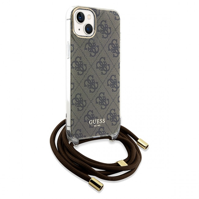 Guess iPhone 15 Crossbody Cord 4G Print Σκληρή Θήκη με Πλαίσιο Σιλικόνης και Λουράκι - Brown - GUHCP15SHC4SEW