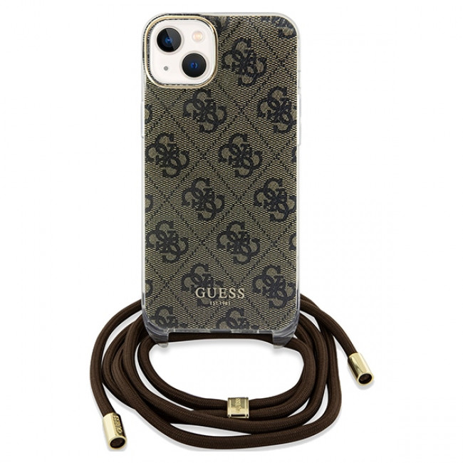 Guess iPhone 15 Crossbody Cord 4G Print Σκληρή Θήκη με Πλαίσιο Σιλικόνης και Λουράκι - Brown - GUHCP15SHC4SEW