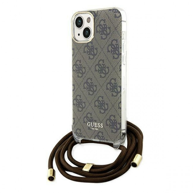 Guess iPhone 15 Crossbody Cord 4G Print Σκληρή Θήκη με Πλαίσιο Σιλικόνης και Λουράκι - Brown - GUHCP15SHC4SEW