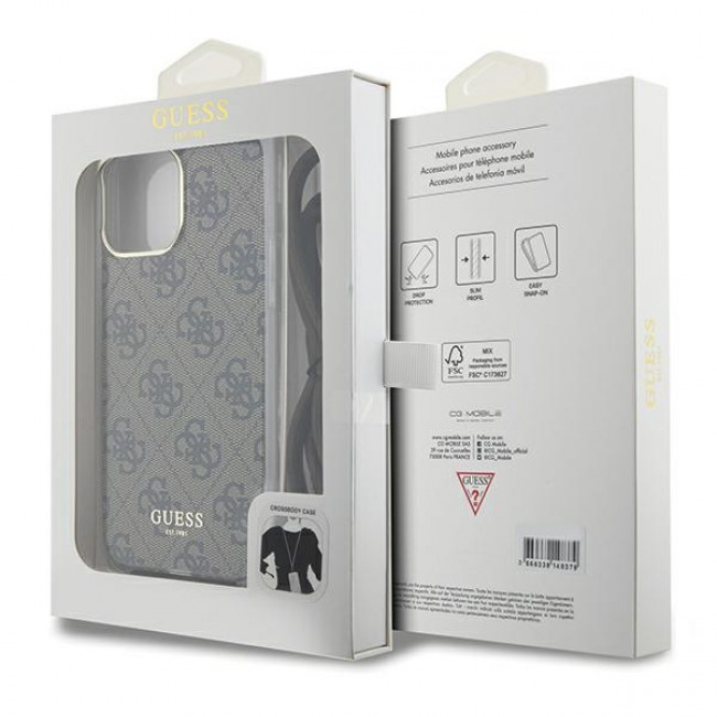 Guess iPhone 15 Pro Max Crossbody Cord 4G Print Σκληρή Θήκη με Πλαίσιο Σιλικόνης και Λουράκι - Brown - GUHCP15XHC4SEW