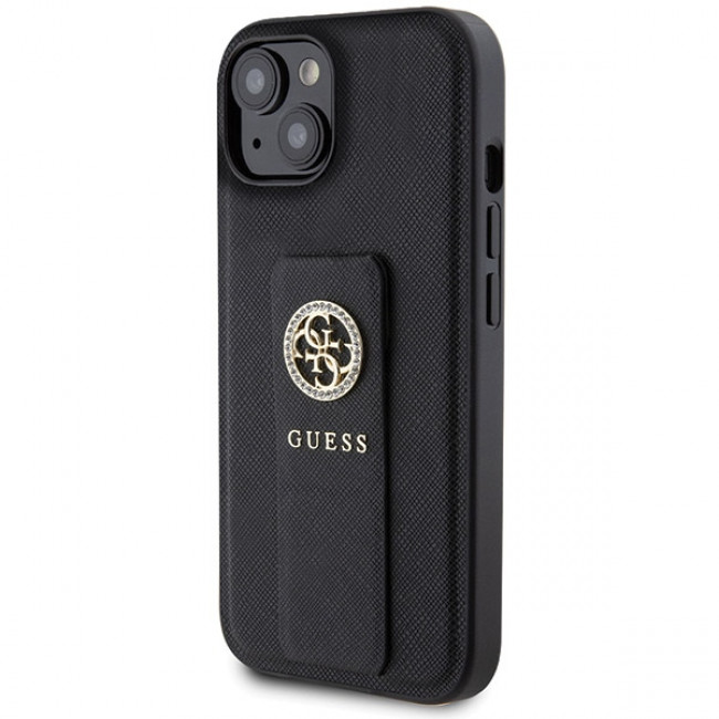 Guess iPhone 15 Grip Stand 4G Saffiano Strass Logo Θήκη με Επένδυση Συνθετικού Δέρματος και Stand - Black - GUHCP15SPGSSADK