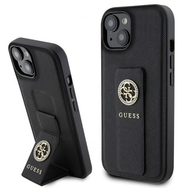 Guess iPhone 15 Grip Stand 4G Saffiano Strass Logo Θήκη με Επένδυση Συνθετικού Δέρματος και Stand - Black - GUHCP15SPGSSADK