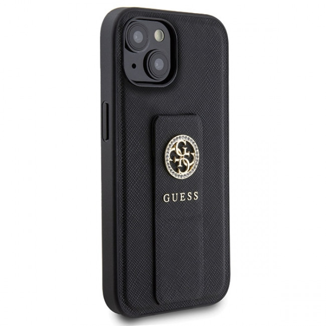 Guess iPhone 15 Grip Stand 4G Saffiano Strass Logo Θήκη με Επένδυση Συνθετικού Δέρματος και Stand - Black - GUHCP15SPGSSADK