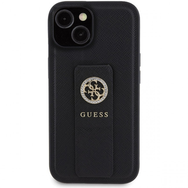 Guess iPhone 15 Grip Stand 4G Saffiano Strass Logo Θήκη με Επένδυση Συνθετικού Δέρματος και Stand - Black - GUHCP15SPGSSADK