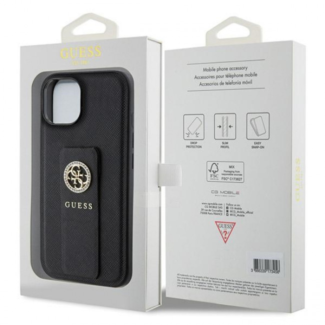 Guess iPhone 15 Grip Stand 4G Saffiano Strass Logo Θήκη με Επένδυση Συνθετικού Δέρματος και Stand - Black - GUHCP15SPGSSADK