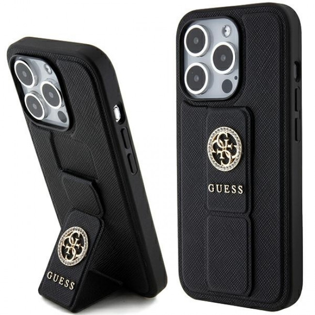 Guess iPhone 15 Pro Max Grip Stand 4G Saffiano Strass Logo Θήκη με Επένδυση Συνθετικού Δέρματος και Stand - Black - GUHCP15XPGSSADK