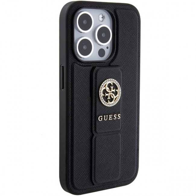 Guess iPhone 15 Pro Max Grip Stand 4G Saffiano Strass Logo Θήκη με Επένδυση Συνθετικού Δέρματος και Stand - Black - GUHCP15XPGSSADK