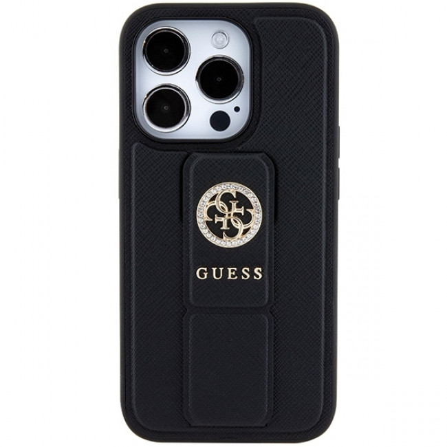 Guess iPhone 15 Pro Max Grip Stand 4G Saffiano Strass Logo Θήκη με Επένδυση Συνθετικού Δέρματος και Stand - Black - GUHCP15XPGSSADK