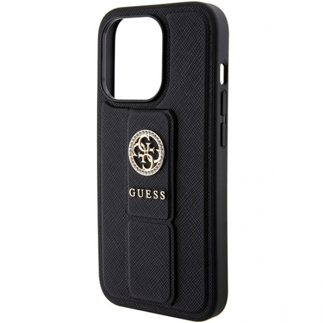 Guess iPhone 15 Pro Max Grip Stand 4G Saffiano Strass Logo Θήκη με Επένδυση Συνθετικού Δέρματος και Stand - Black - GUHCP15XPGSSADK