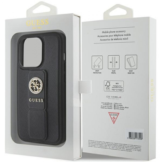 Guess iPhone 15 Pro Max Grip Stand 4G Saffiano Strass Logo Θήκη με Επένδυση Συνθετικού Δέρματος και Stand - Black - GUHCP15XPGSSADK