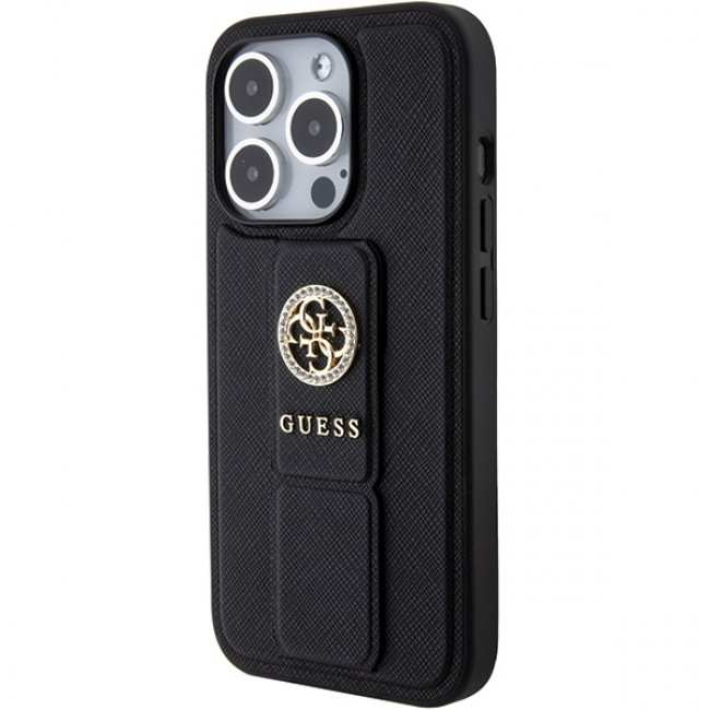 Guess iPhone 15 Pro Max Grip Stand 4G Saffiano Strass Logo Θήκη με Επένδυση Συνθετικού Δέρματος και Stand - Black - GUHCP15XPGSSADK