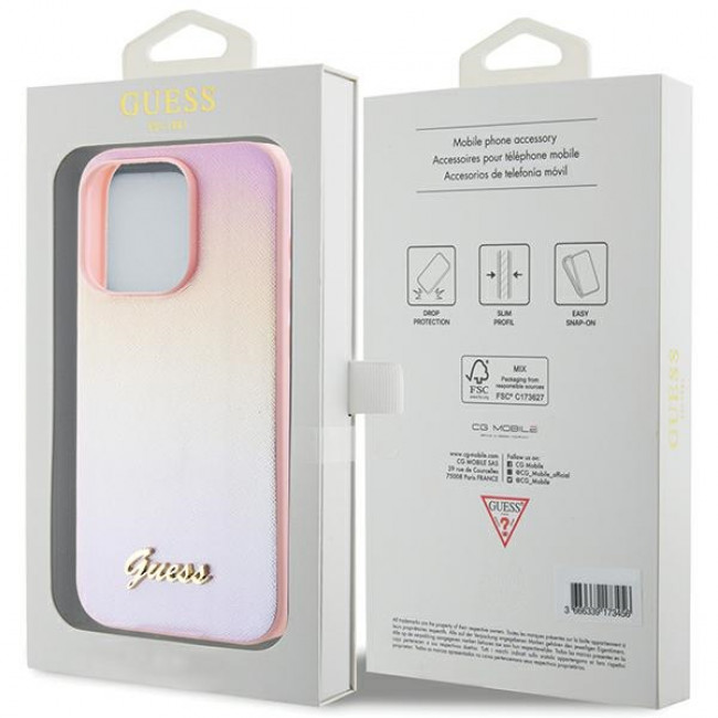 Guess iPhone 15 Pro Max Saffiano Iridescent Script Σκληρή Θήκη με Επένδυση Συνθετικού Δέρματος και Πλαίσιο Σιλικόνης - Pink - GUHCP15XPSAIRSP