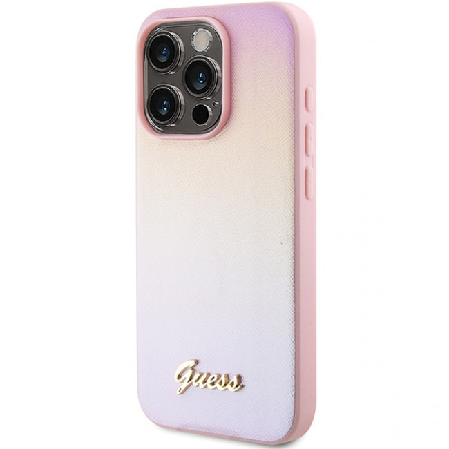 Guess iPhone 15 Pro Max Saffiano Iridescent Script Σκληρή Θήκη με Επένδυση Συνθετικού Δέρματος και Πλαίσιο Σιλικόνης - Pink - GUHCP15XPSAIRSP