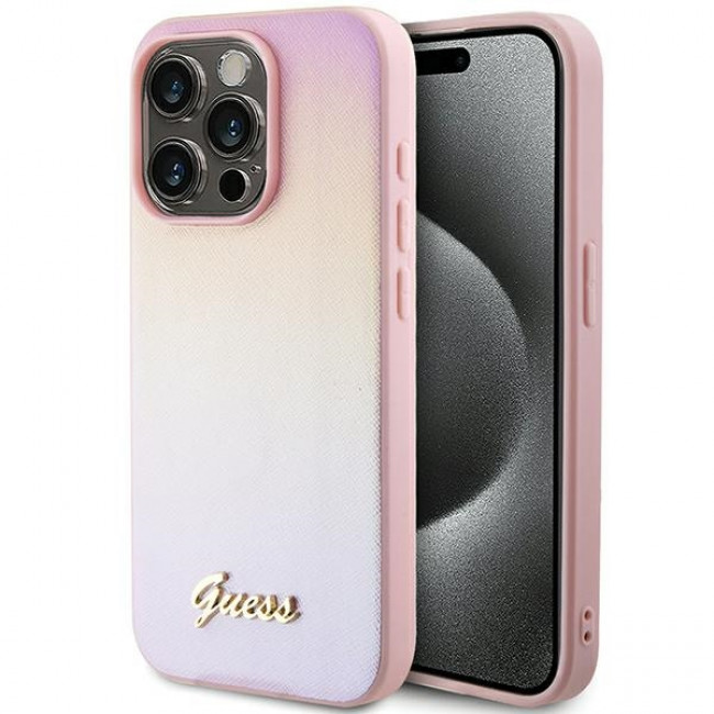 Guess iPhone 15 Pro Max Saffiano Iridescent Script Σκληρή Θήκη με Επένδυση Συνθετικού Δέρματος και Πλαίσιο Σιλικόνης - Pink - GUHCP15XPSAIRSP