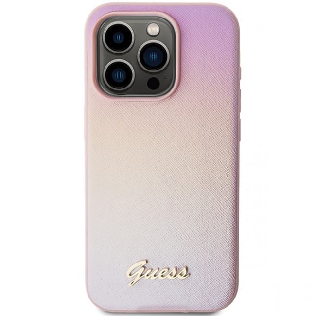 Guess iPhone 15 Pro Max Saffiano Iridescent Script Σκληρή Θήκη με Επένδυση Συνθετικού Δέρματος και Πλαίσιο Σιλικόνης - Pink - GUHCP15XPSAIRSP