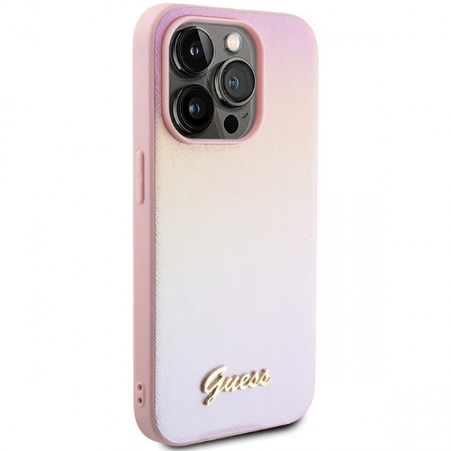 Guess iPhone 15 Pro Max Saffiano Iridescent Script Σκληρή Θήκη με Επένδυση Συνθετικού Δέρματος και Πλαίσιο Σιλικόνης - Pink - GUHCP15XPSAIRSP