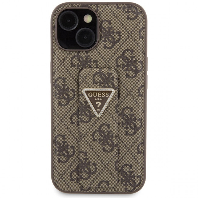 Guess iPhone 15 Grip Stand 4G Triangle Strass Logo Θήκη με Επένδυση Συνθετικού Δέρματος και Stand - Brown - GUHCP15SPGS4TDW