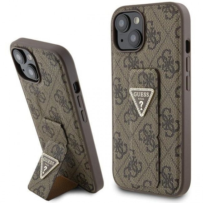 Guess iPhone 15 Grip Stand 4G Triangle Strass Logo Θήκη με Επένδυση Συνθετικού Δέρματος και Stand - Brown - GUHCP15SPGS4TDW