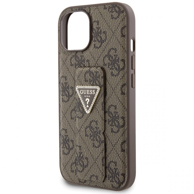 Guess iPhone 15 Grip Stand 4G Triangle Strass Logo Θήκη με Επένδυση Συνθετικού Δέρματος και Stand - Brown - GUHCP15SPGS4TDW