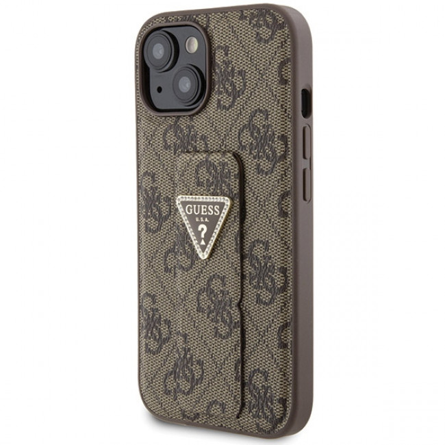 Guess iPhone 15 Grip Stand 4G Triangle Strass Logo Θήκη με Επένδυση Συνθετικού Δέρματος και Stand - Brown - GUHCP15SPGS4TDW