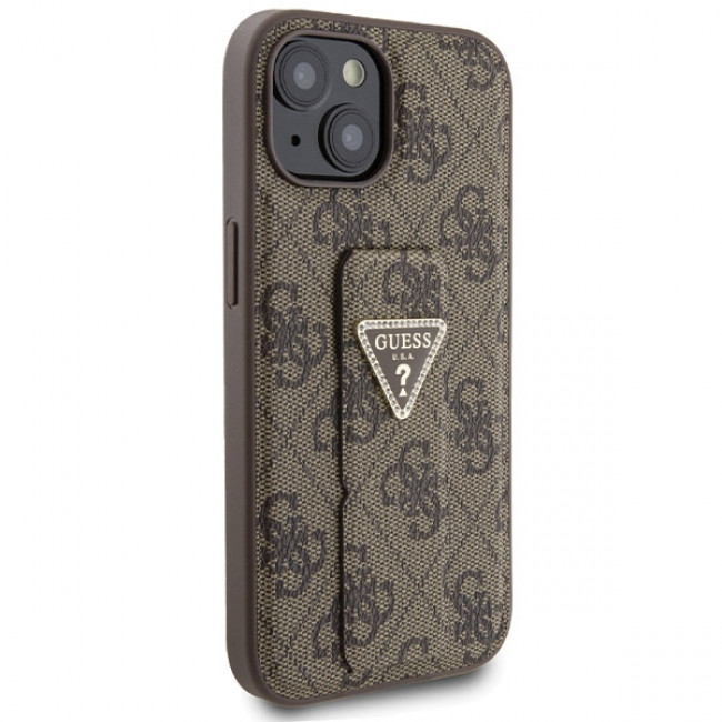 Guess iPhone 15 Grip Stand 4G Triangle Strass Logo Θήκη με Επένδυση Συνθετικού Δέρματος και Stand - Brown - GUHCP15SPGS4TDW