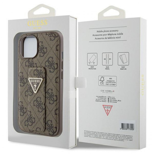 Guess iPhone 15 Grip Stand 4G Triangle Strass Logo Θήκη με Επένδυση Συνθετικού Δέρματος και Stand - Brown - GUHCP15SPGS4TDW